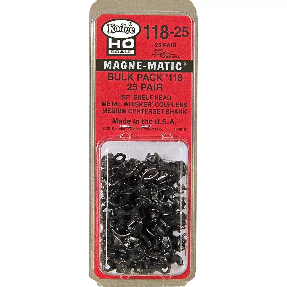 #118-25 HO Scale Bulk Pack - 25 pair #118 SF Shelf Whisker Metal Couplers - Medium (9/32") Centerset Shank