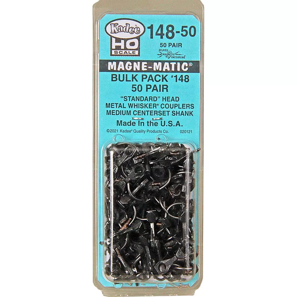 #148-50 HO Scale Bulk Pack - 50 pair #148 Whisker Metal Couplers - Medium (9/32") Centerset Shank