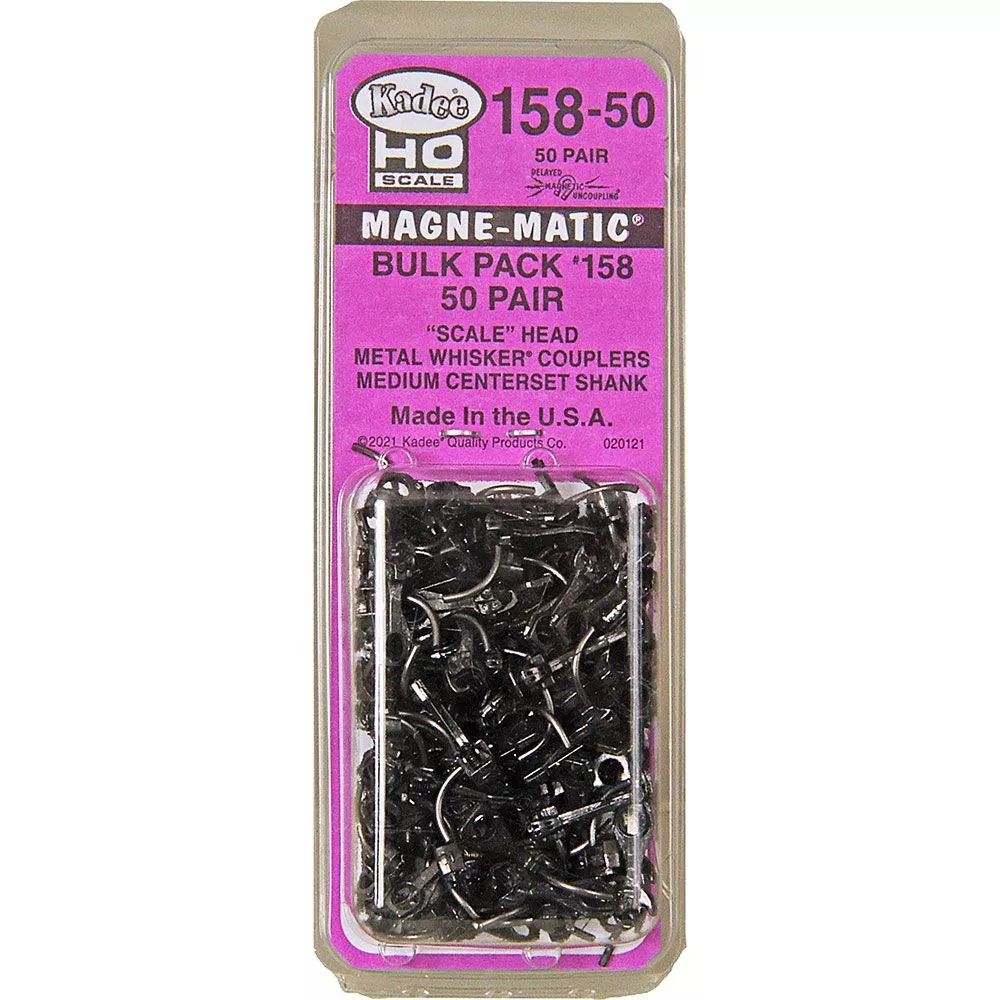 #158-50 HO Scale Bulk Pack - 50 pair #158 Scale Whisker Metal Couplers - Medium (9/32) Centerset Shank"