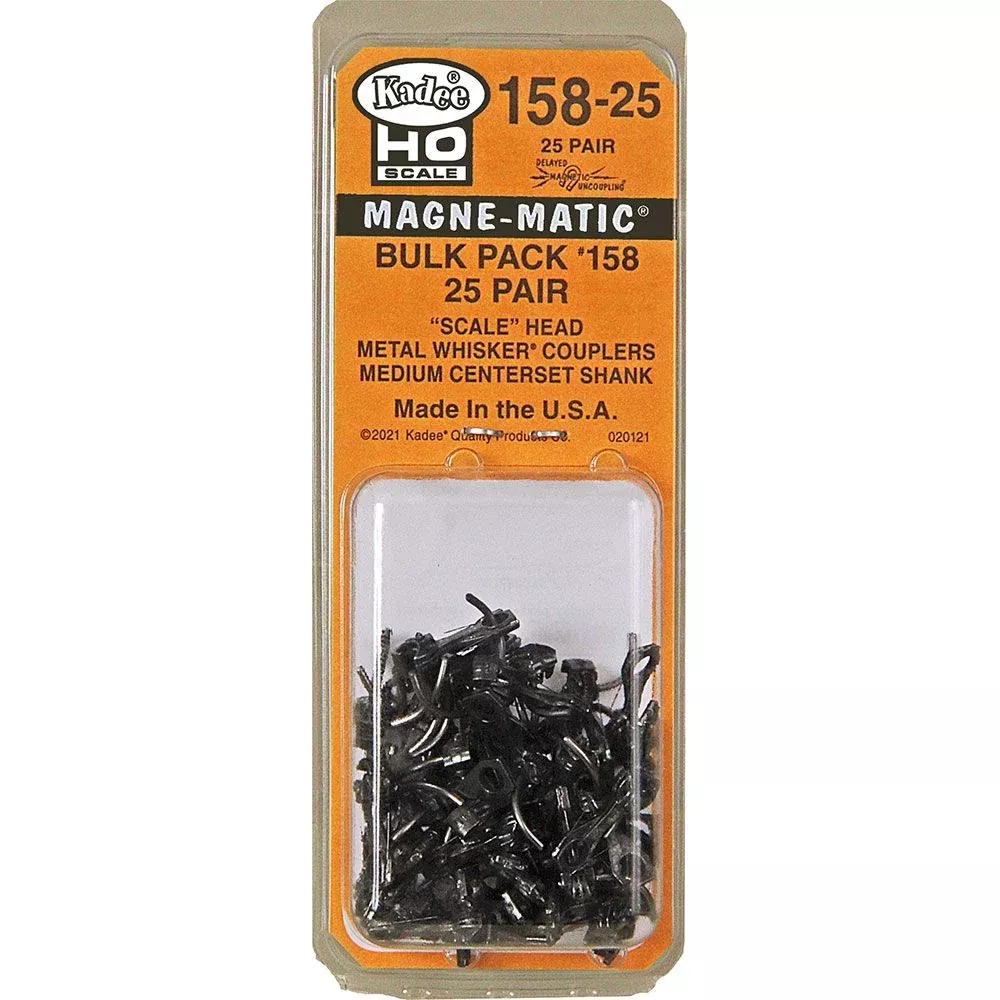 Kadee #158-25 HO Scale, Bulk Pack, 25 pair #158 Scale Whisker Metal Couplers, Medium Centerset Shank