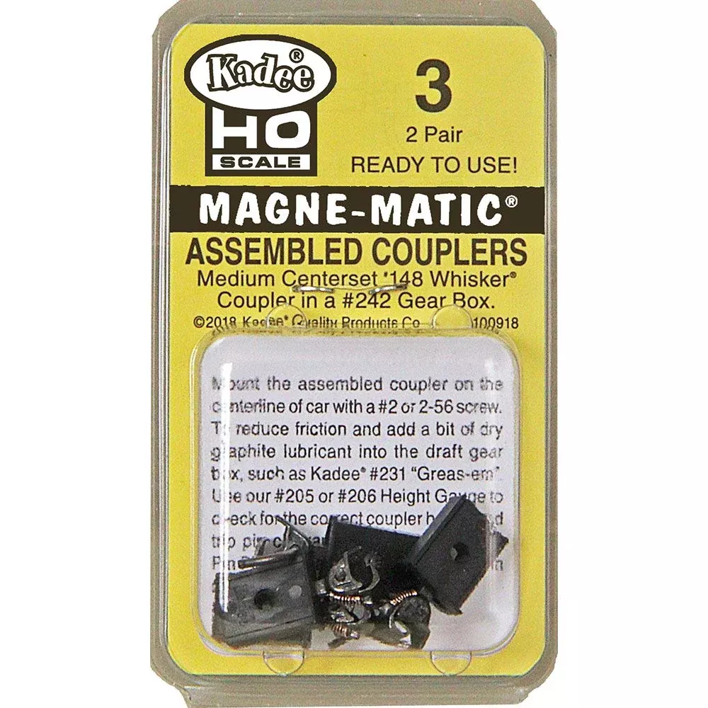 Kadee #3 HO Scale, Assembled #148 Whisker Metal Couplers, Medium Centerset Shank